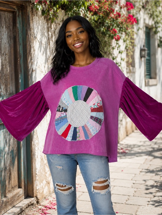Upcycled UMGEE Tops - Upcycled Umgee Magenta Patchwork
w/Velvet Bell Sleeves Best for M-XL